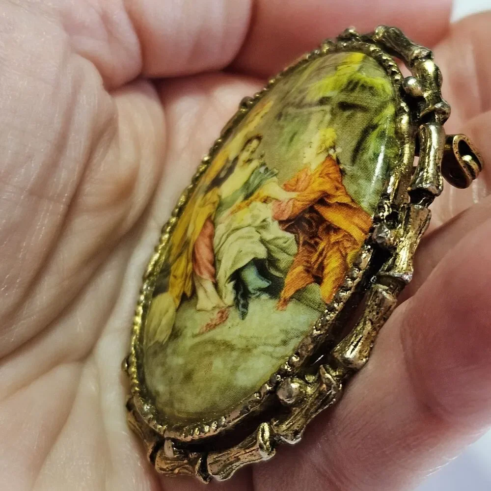 Vintage Gold Tone Porcelain Serenade Cameo Brooch